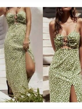 Zara Olive Green Floral Cutout Maxi Dress with Side Slit